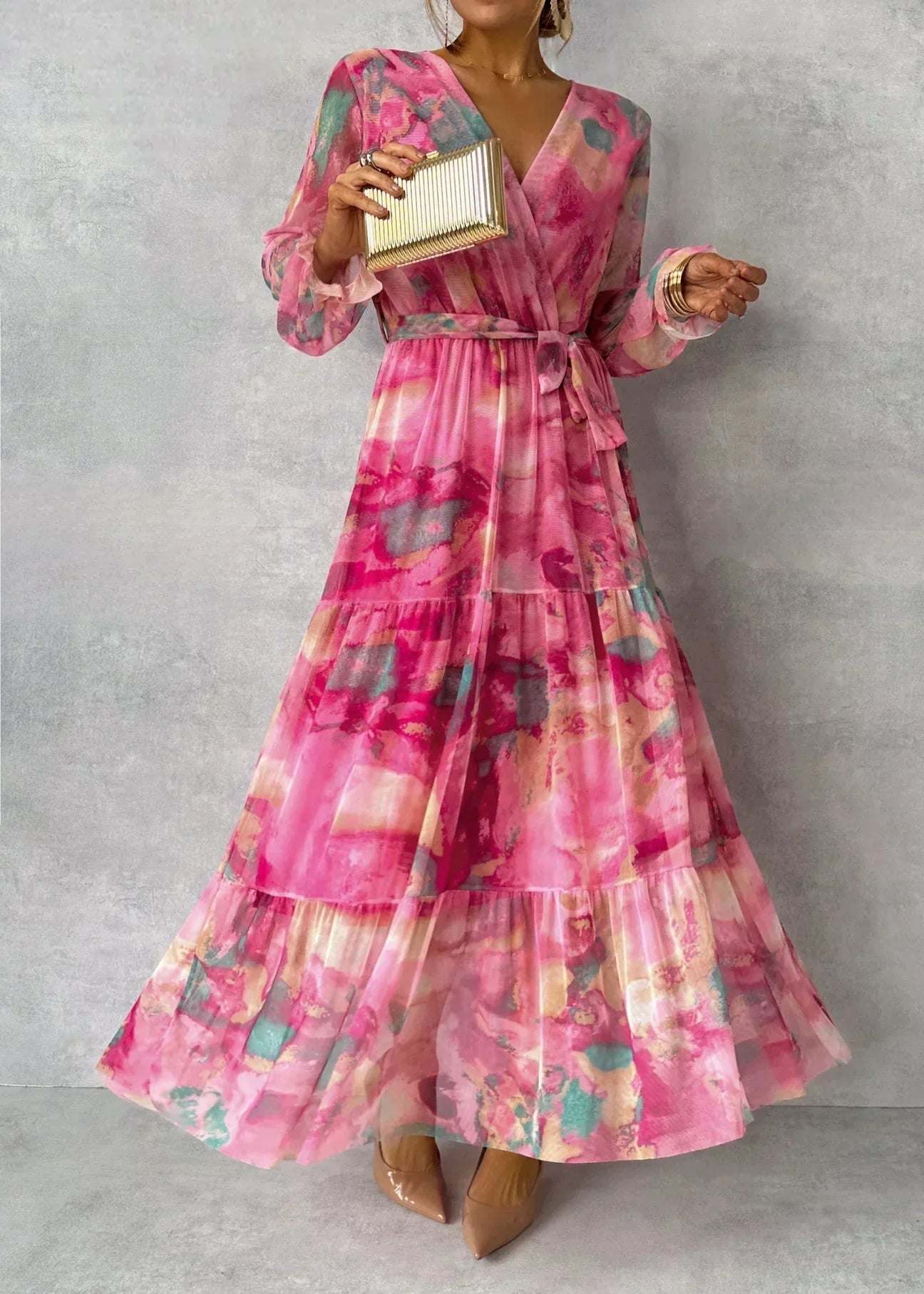 Women'S Floral V Neck & Long Sleeve Summer Dress | Maxi