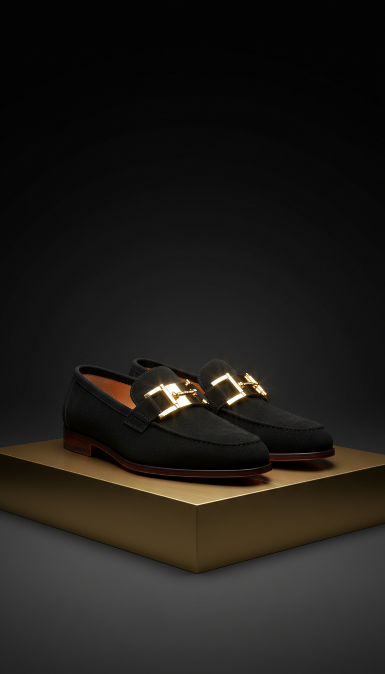 Black Suede Loafer With Gold Hardware
