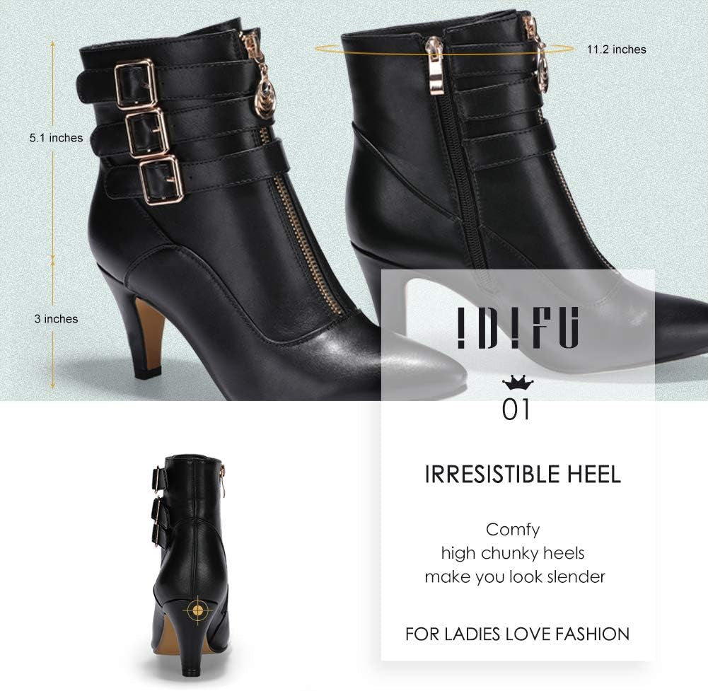 Women'S Pointed Toe Metal Buckle Two Strap Ankle Booties Side Zipper Kitten Heel Dress Classic Short Boots