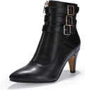 Women'S Pointed Toe Metal Buckle Two Strap Ankle Booties Side Zipper Kitten Heel Dress Classic Short Boots