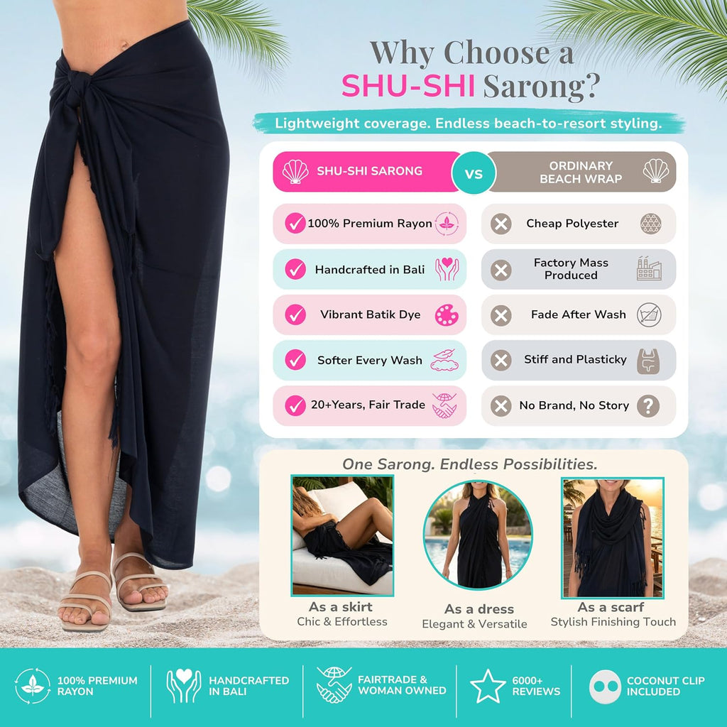 Sarong Wraps for Women Long Beach Sarong Pareo Wrap Skirt with Coconut Clip, One Size