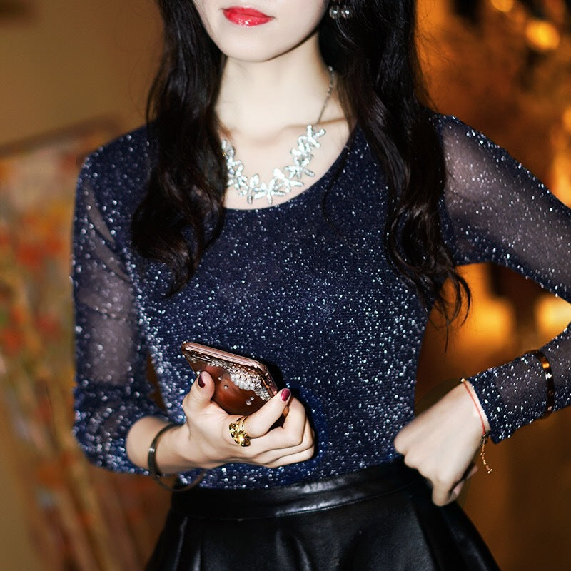 Sheer Mesh Long Sleeve T-Shirt for Women | Black Top - # GIAA23510046