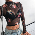 Sheer Printed Mesh Long Sleeve T-Shirt for Women - # GIAA23510048