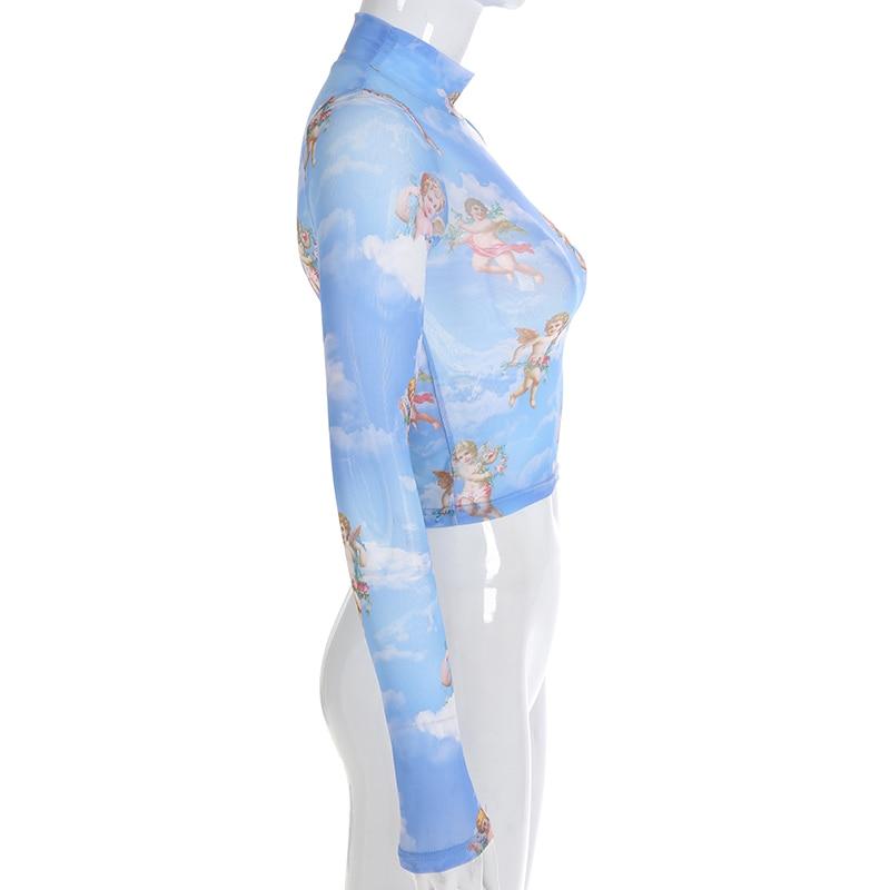 Sheer Printed Mesh Long Sleeve T-Shirt for Women - # GIAA23510048