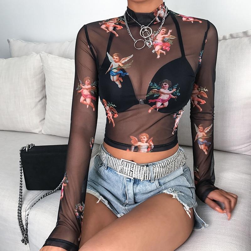 Sheer Printed Mesh Long Sleeve T-Shirt for Women - # GIAA23510048