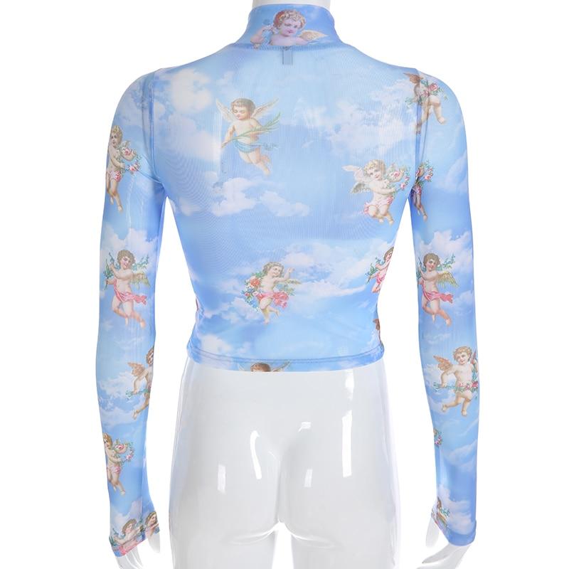 Sheer Printed Mesh Long Sleeve T-Shirt for Women - # GIAA23510048
