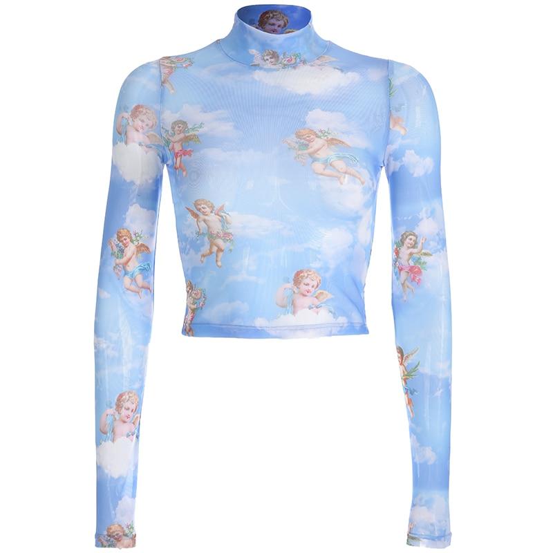 Sheer Printed Mesh Long Sleeve T-Shirt for Women - # GIAA23510048