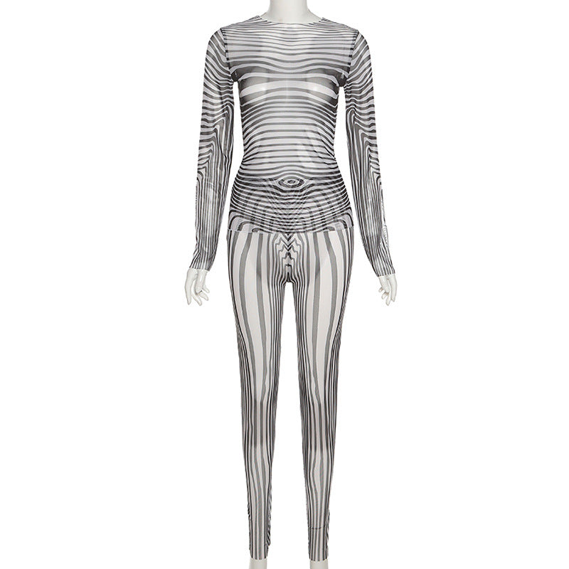 Striped Mesh Pant Set | With Long Sleeve Top | One Piece - # GIAA23310009 & GIAA23410031 & GIAA23310010