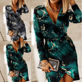 Women V-Neck Long Sleeve High Slit Printed T-Shirt Dress - # GIAA231710020