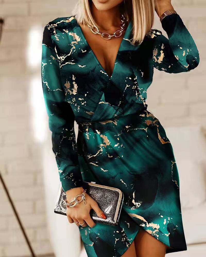 Women V-Neck Long Sleeve High Slit Printed T-Shirt Dress - # GIAA231710020