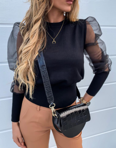 Women's Sheer Mesh Panel Long Sleeve T-Shirt - # GI	AA23510047